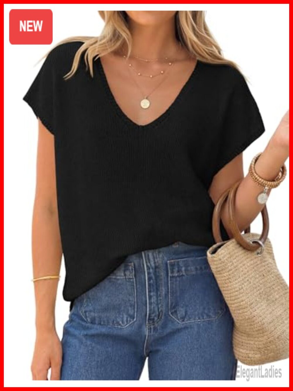 Womens Lightweight Ribbed Knit Short Sleeve V Neck Sweater Top Pullover